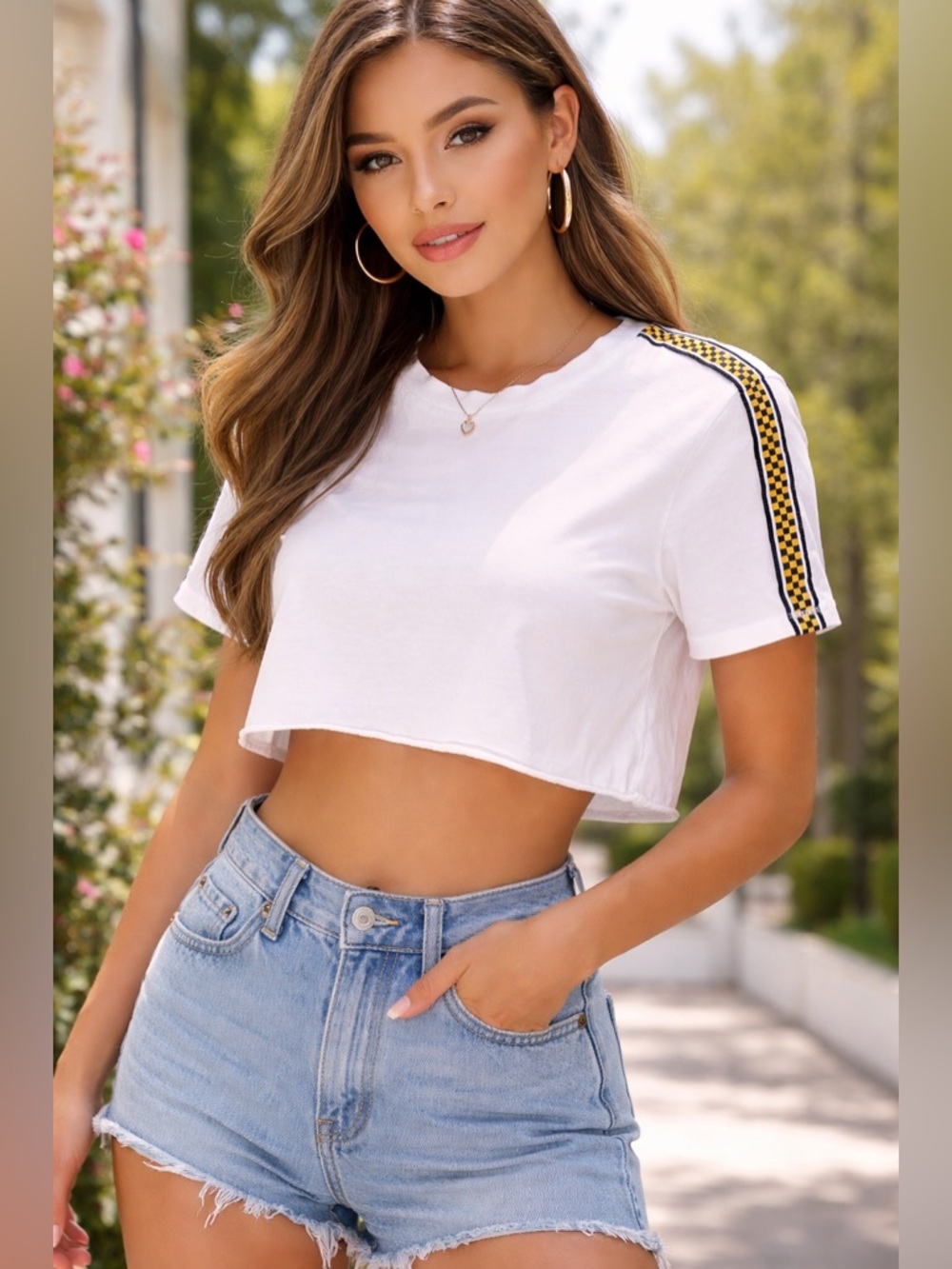 Forever 21 White Cropped Tee Racing Stripe Checkered Sleeve Top